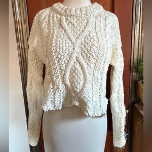 Free People Cutting Edge Cropped Scalloped Ivory Sweater Size Small